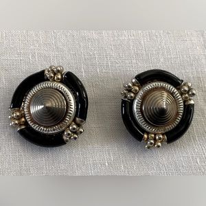 Vintage 1980’s Black and Metal Modernist Clip-On Earrings with Geometric Design